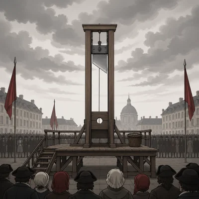 A non-graphic guillotine scene in a public square represents the Reign of Terror.