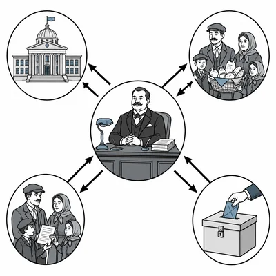 Diagram showing a city political boss exchanging services for immigrant voter support.