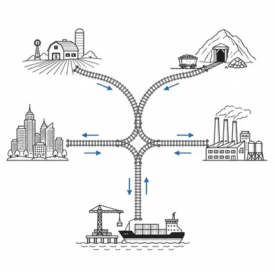 Railroad network connecting farms, mines, factories, cities, and a port.