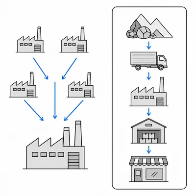 Diagram comparing merging competitors with controlling all stages of production.