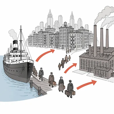 Immigrants arriving by ship and moving toward city housing and factory work.
