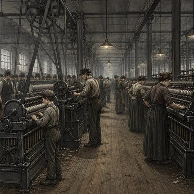 Crowded late nineteenth-century factory with workers, machinery, smoke, and poor conditions.