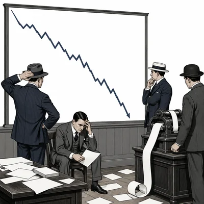 A 1920s stock market scene with a steep falling graph and worried people.
