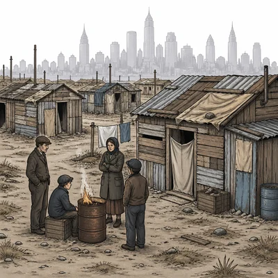 A Great Depression shantytown with makeshift shelters near a city skyline.