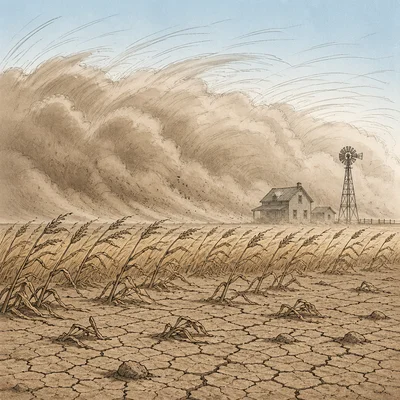 A dust storm moving across a dry farm with cracked soil and a farmhouse.