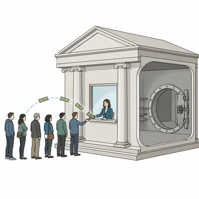 People lined up outside a bank while a nearly empty vault is shown inside.