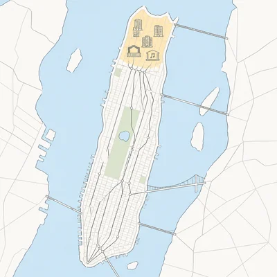 Simplified map of northern Manhattan with Harlem highlighted as an urban cultural hub.