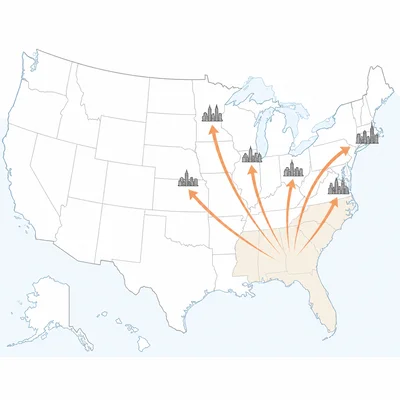 Map showing migration arrows from the southeastern United States to northern cities.