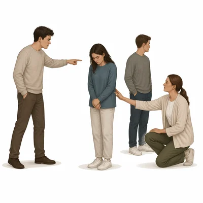 Four figures representing perpetrator, bystander, victim, and rescuer roles.