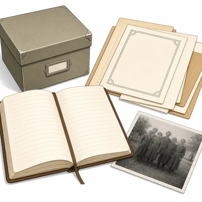A diary, photograph, documents, and archive box representing primary sources.