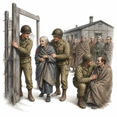 Allied soldiers assisting survivors at a liberated camp.