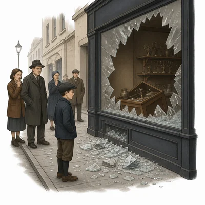 A damaged storefront with broken glass, representing Kristallnacht.