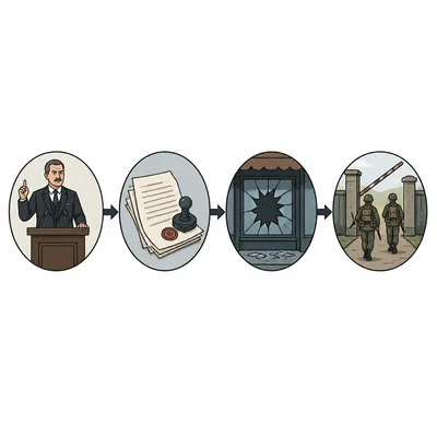 An unlabeled four-step timeline with icons for major Holocaust-era events.