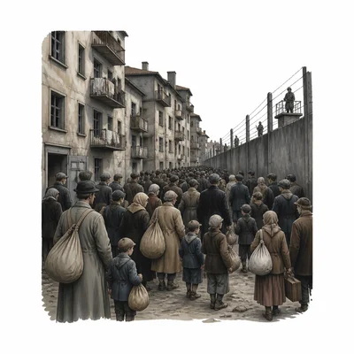 A crowded enclosed city neighborhood representing a Holocaust-era ghetto.