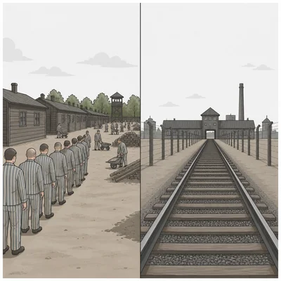 A side-by-side visual comparison of concentration camp and extermination camp settings.
