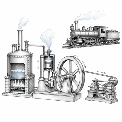 Diagram of a steam engine powering machinery with a small steam locomotive nearby.