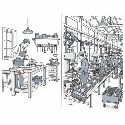 Comparison of a home workshop and a factory production floor.