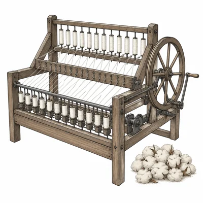 Diagram of a spinning jenny with multiple spindles and thread.