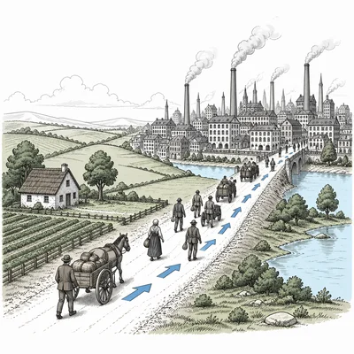People moving from a rural farm area toward an industrial city.