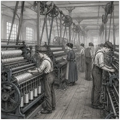 Crowded factory interior with workers operating large machines.