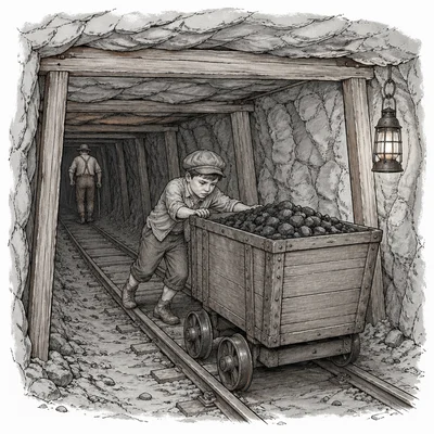 Child pushing a coal cart through a narrow mine tunnel.
