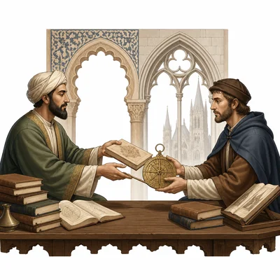An Islamic scholar shares a manuscript and scientific instrument with a medieval European scholar.