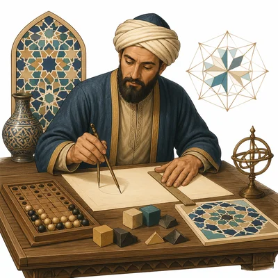 A scholar uses geometric tools, tiles, and counting objects to study mathematics.