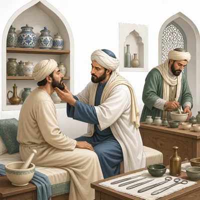 A physician examines a patient in a medieval hospital with medicine jars and tools nearby.