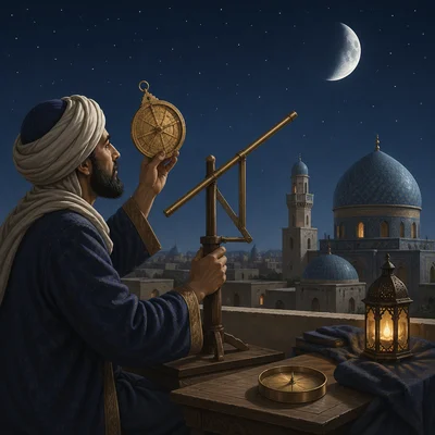 An astronomer observes the moon and stars from a rooftop using an astrolabe.