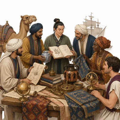 People from different cultures share books, tools, and goods around a table.