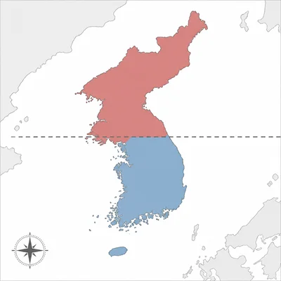 Unlabeled map of Korea divided into northern and southern sections by a dashed line.