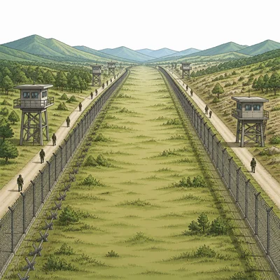 A fenced buffer zone with watchtowers separating two sides.