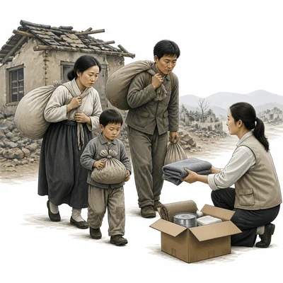 Civilians carrying belongings away from damaged homes during wartime.