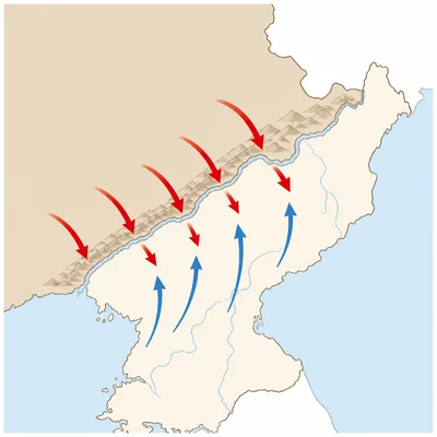 Map showing forces approaching the northern border and arrows entering Korea from the northwest.