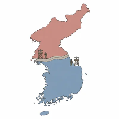 Divided Korean Peninsula with a narrow buffer zone between north and south.
