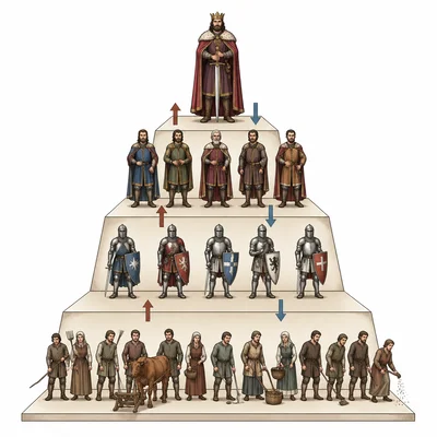 A feudal hierarchy pyramid with king, nobles, knights, and peasants.