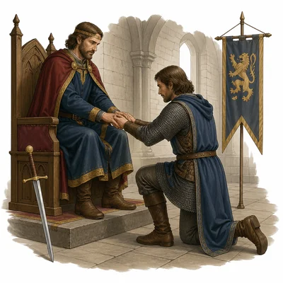 A vassal kneels before a lord during an oath of loyalty.