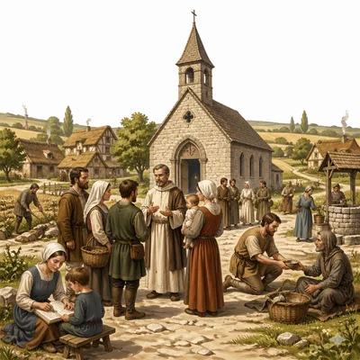 A medieval church serving as the center of village daily life.