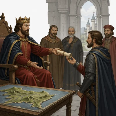 A medieval king granting land or authority to a noble.
