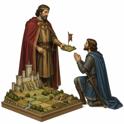 A lord grants land to a kneeling vassal in a medieval ceremony.
