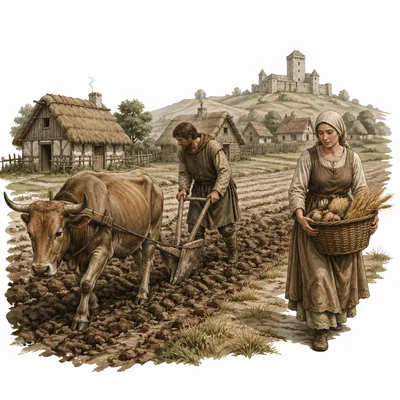Serfs working in fields near a medieval village.