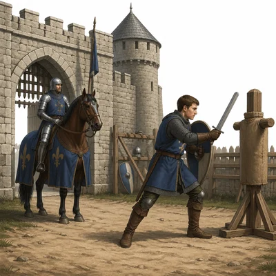 Medieval knights guarding a castle and training with weapons.