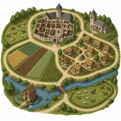 An overhead view of a medieval manor with house, fields, cottages, church, and mill.