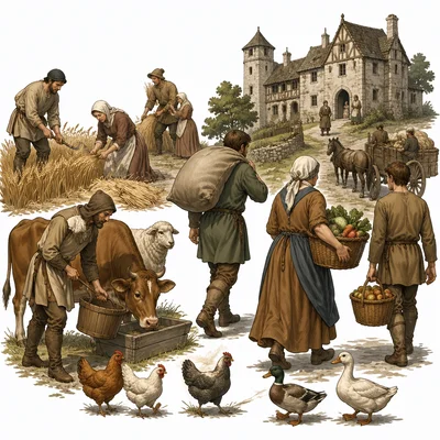 Peasants harvesting crops and delivering goods to a manor.