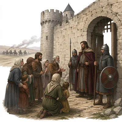 Villagers gather near a castle for protection from danger.
