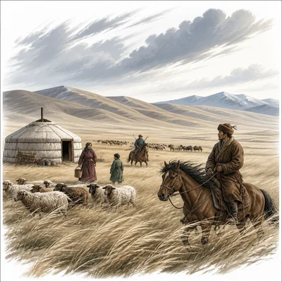 Mongol herders with horses, sheep, and a yurt on the open Central Asian steppe.
