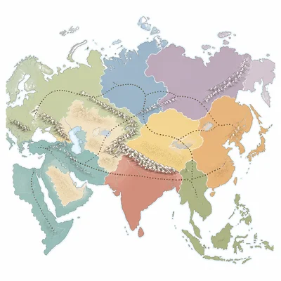An unlabeled Eurasian map divided into regions, showing distance and barriers between khanates.