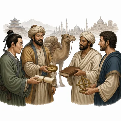 Travelers exchange goods, tools, and knowledge along a Eurasian trade route.