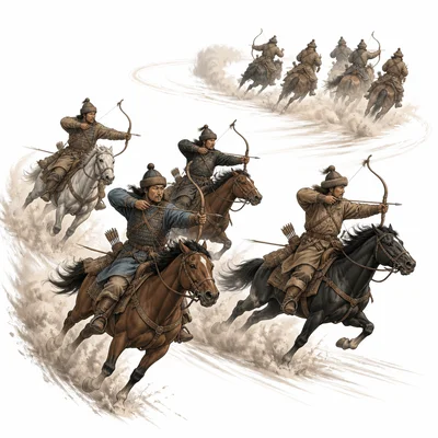 Mongol horse archers demonstrate fast-moving battlefield tactics.