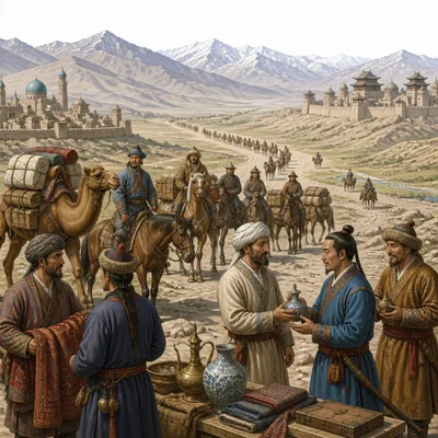 A Silk Road caravan travels between cities across Eurasian landscapes.